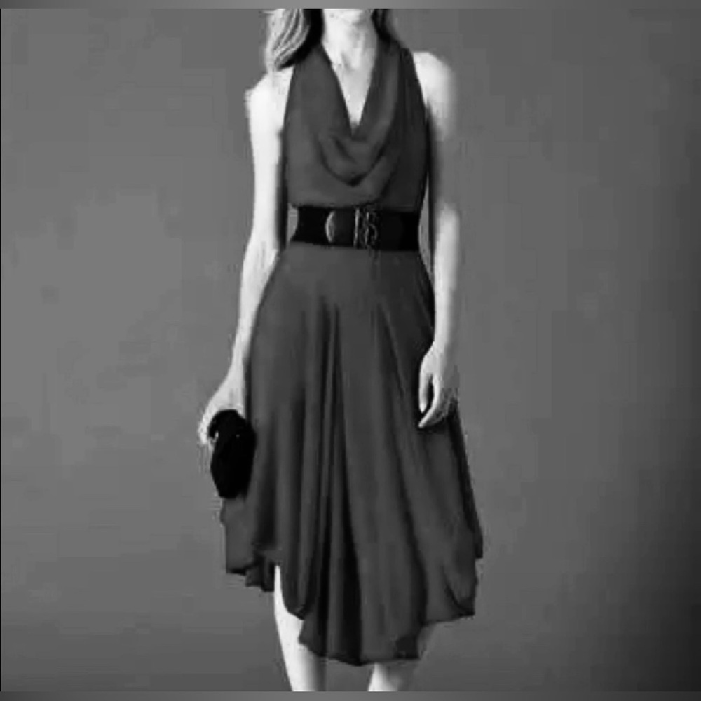 Samuel Dong Cowl Neck Black Asymmetrical Midi Dress Size Small